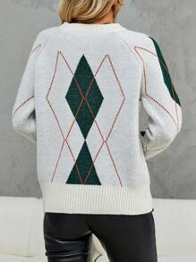 SHEIN LUNE Argyle Pattern Raglan Sleeve Sweater Knit Pullover Fall Winter Outfit - White - View 2