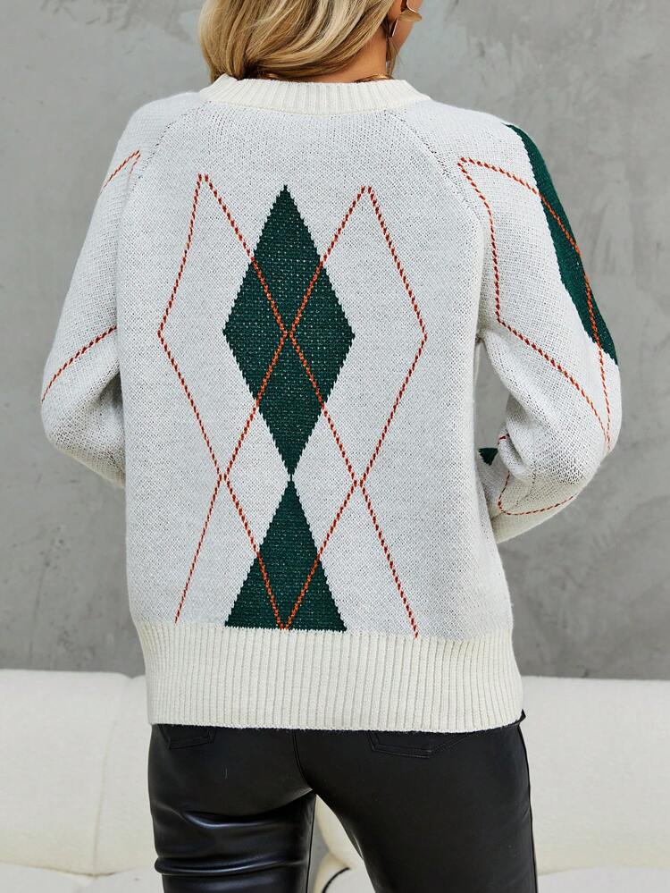 Argyle Pattern Raglan Sleeve Knit Pullover Fall Winter Sweater