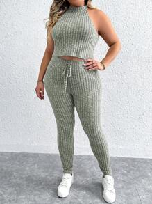 Calvaya Plus Cold Shoulder Split Hem Tee & Leggings - Green - View 5