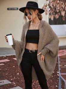 SHEIN Clasi Batwing Sleeve Hooded Duster Cardigan - Brown - View 5