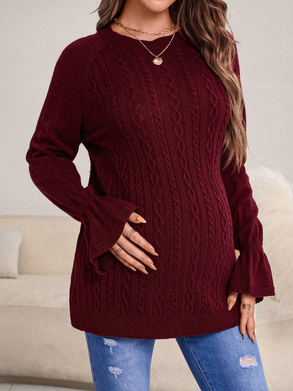 Maternity Tie Backless Flare Sleeve Split Hem Cable Knit Sweater, For Winter