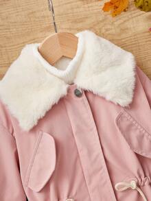 SHEIN 女小童羊絨領口腰部抽繩翻蓋細節外套 - 粉色 - 查看 4