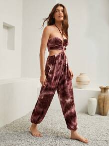Bohemela Tie Dye Drawstring Waist Halter Jumpsuit - Brown - View 5