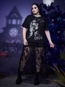 Corpse Bride | ROMWE Plus Áo thun trễ vai họa tiết hoạt hình - màu đen - Xem 5