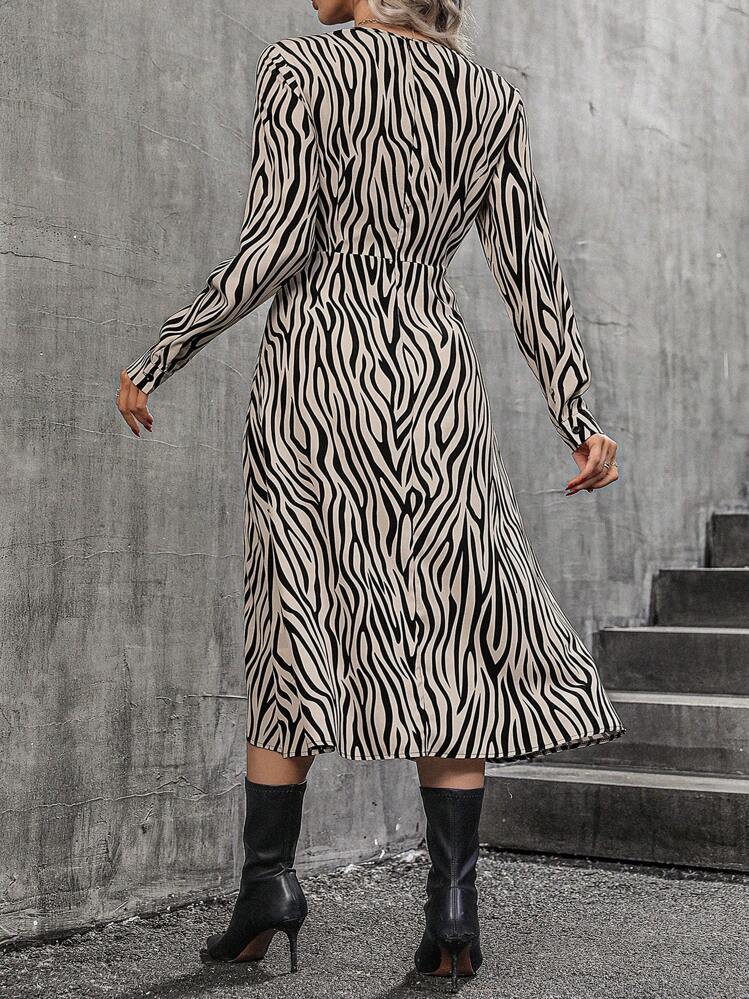 SHEIN Clasi Zebra Striped Print Twist Front Wrap Hem Dress - Black and White - View 2