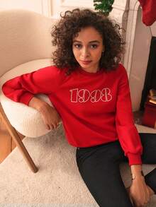 SHEIN Frenchy Letter Graphic Drop Shoulder Sweatshirt - Red - View 4