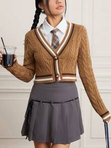 SHEIN EZwear Striped Trim Cable Knit Cardigan Without Blouse - Brown - View 4