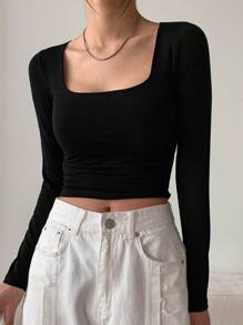 DAZY 女式方领短款长袖T恤上衣 - 黑色 - 查看 4