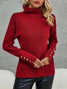 SHEIN Clasi 高領落肩袖紐扣細節套頭毛衣 - 酒紅色 - 查看 3