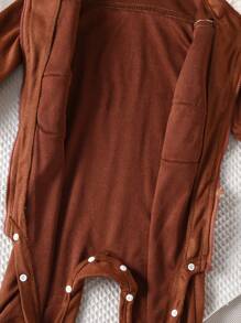 Baby Girl Contrast Binding Zipper Front 3D Ears Design Hooded Teddy Lined Zip Up Dual Pocket Jumpsuit - Brown - View 6