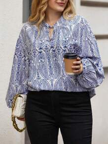 Flirla Plus Allover Print Tie Neck Lantern Sleeve Blouse