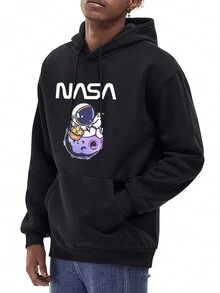 Men Astronaut & Letter Graphic Kangaroo Pocket Drawstring Hoodie - Black - View 3