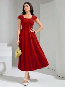 Modelyn Solid Square Neck A-Line Dress For New Year Clothes Maxi Women Outfit - Red - View 1