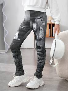 少女水染褶皺分裂裤 - 灰色 - 查看 4