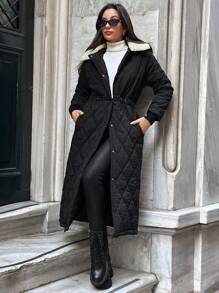 EURMUSE Women's Contrast Color Lapel Long Sleeve Single-Breasted Long Casual Winter Jacket - Black and White - View 3