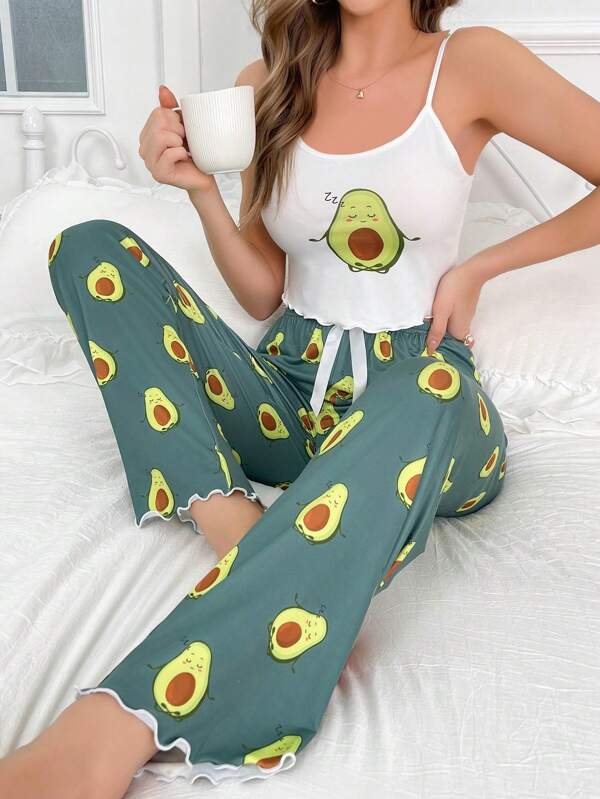 SweetSlumber Conjunto de pijama con top tipo camiseta blanca y pantalones con estampado gráfico de dibujos animados y adorno de lechuga