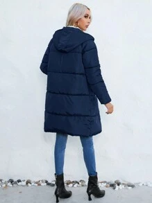 Aveloria Zip Up Snap Button Hooded Padded Padded Coat Clothes Winter - Navy Blue - View 2