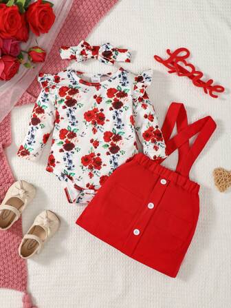 女嬰印花荷葉邊連體衣和背带半身裙和頭巾