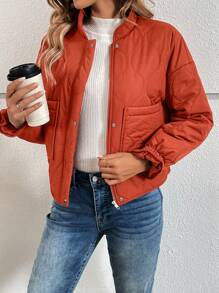 Chiquease 纯色弹性腰部加厚棉服外套冬季 - 棕色 - 查看 4