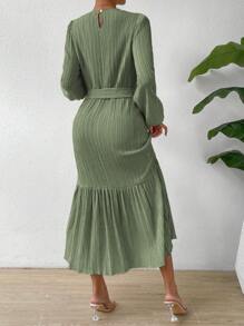 SHEIN LUNE 灯笼袖荷叶边下摆系带连衣裙 女式超长款 - 綠色 - 查看 2