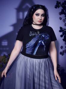 Corpse Bride | ROMWE Plus Figure & Letter Graphic Crop Tee - Black - View 3