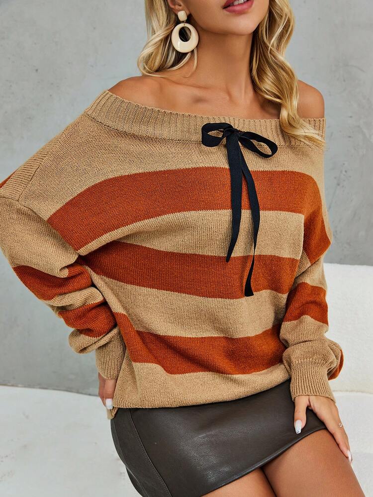 Color Block Off Shoulder Knot Front Drop Shoulder Knit Pullover Fall Winter Sweater