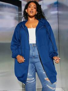 SHEIN CURVE+ Plus Size Zip Up Drop Shoulder Drawstring Sweatshirt - Blue - View 5