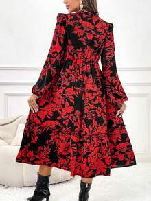 SHEIN 孕婦印花荷葉邊燈籠袖洋裝 - 酒紅色 - 查看 2