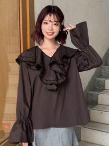 FRIFUL Ruffle Trim Flare Sleeve Blouse - Coffee Brown - View 3
