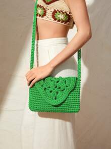 SHEIN VCAY Women's Woven Crossbody Bag With Flap Cover, Minimalist Style And Multifunctional Design - Green - View 4