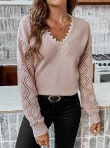 SHEIN Frenchy Đồ trang trí Lace hoa văn Thả vai Dệt kim chấm bi Áo len - Bụi hồng - Xem 6