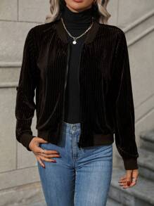 SHEIN LUNE Zip Up Velvet Bomber Jacket - Coffee Brown - View 5
