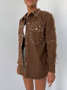 Cottnline 鉚釘細節翻蓋口袋毛邊緣牛仔夾克 - 棕色 - 查看 5