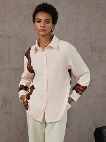 SHEIN Clasi 圖案印花落肩襯衫 - 香檳色 - 查看 4