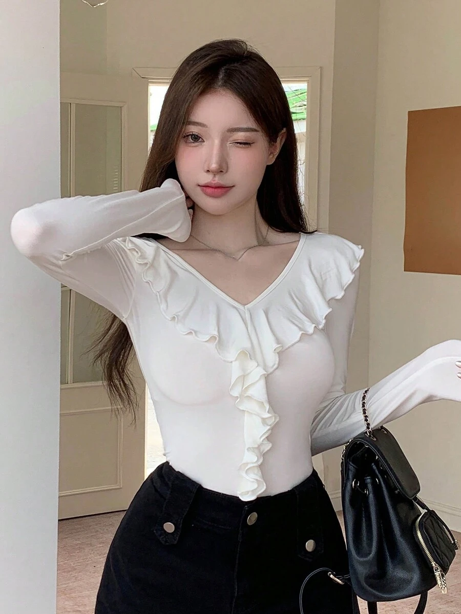 DAZY 素色荷葉邊修身T恤 - 白色 - 查看 1