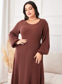 Mulvari Plus Lantern Sleeve Sweater Dress Fall Cloth For Women - Chocolate Brown - View 6