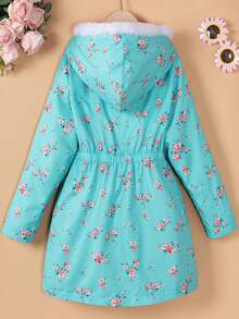 SHEIN Tween Girl Floral Print Fuzzy Trim Hooded Coat - Green - View 2