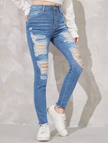 SHEIN Teen Girl Ripped Raw Hem Jeans - Medium Wash - View 4