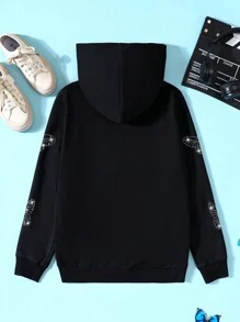 SHEIN 女大童蝴蝶印花連帽運動衫 - 黑色 - 查看 2