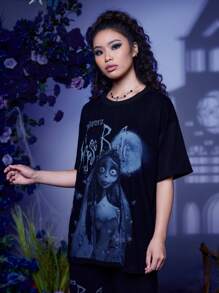 Corpse Bride | ROMWE Cartoon Figure & Letter Graphic Tee - Black - View 3