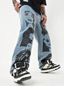 Manfinity LEGND 寬鬆男士人體印花直筒牛仔褲 - 藍色 - 查看 7