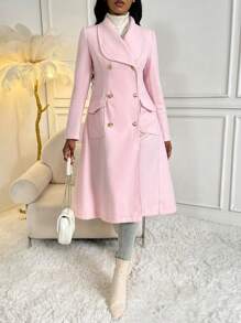 SHEIN LUNE 青果領雙排釦翻蓋口袋花呢外套 - 粉色 - 查看 3