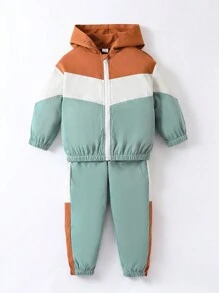 SHEIN 男小童撞色拉鏈開襟連帽夾克&拼接側邊接縫長褲 - 彩色 - 查看 4