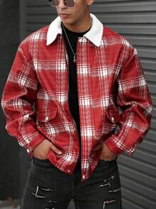 Manfinity Hypemode Loose Fit Men's Plaid Pattern Overcoat With Borg Collar And Flap Pockets - Red - View 4
