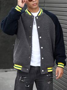 Manfinity Homme Loose Fit Men's Contrast Raglan Sleeve Striped Trim Teddy Bomber Jacket - Multicolor - View 5