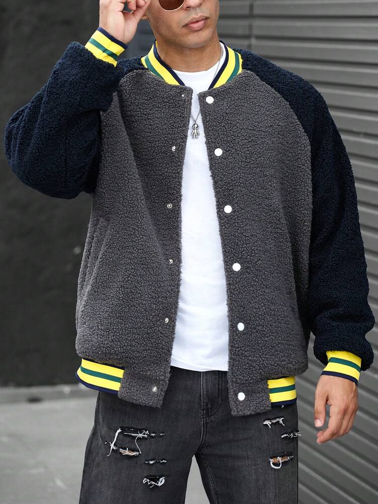 Loose Fit Men's Contrast Raglan Sleeve Striped Trim Teddy Bomber Jacket