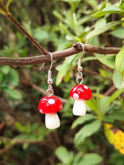 Fairycore 1pair Cute Iron Alloy Mushroom Drop Earrings For Women For Daily Decoration