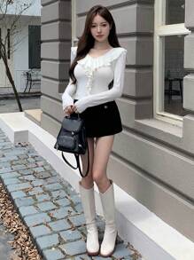 DAZY 素色荷葉邊修身T恤 - 白色 - 查看 5