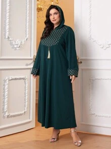 Al Najma Plus Gold Geo Print Tassel Detail Hooded Dress Kaftan Jalabiya Dress