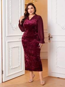 Modelyn 勃艮第红色加荷叶边袖开衩后背天鹅绒连衣裙（无腰带） - 酒紅色 - 查看 3